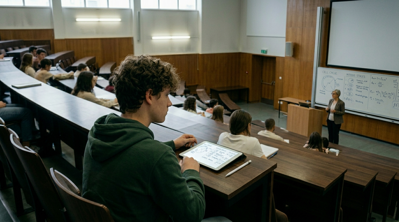 Students following a lecture with the whiteboard mirrored on their devices