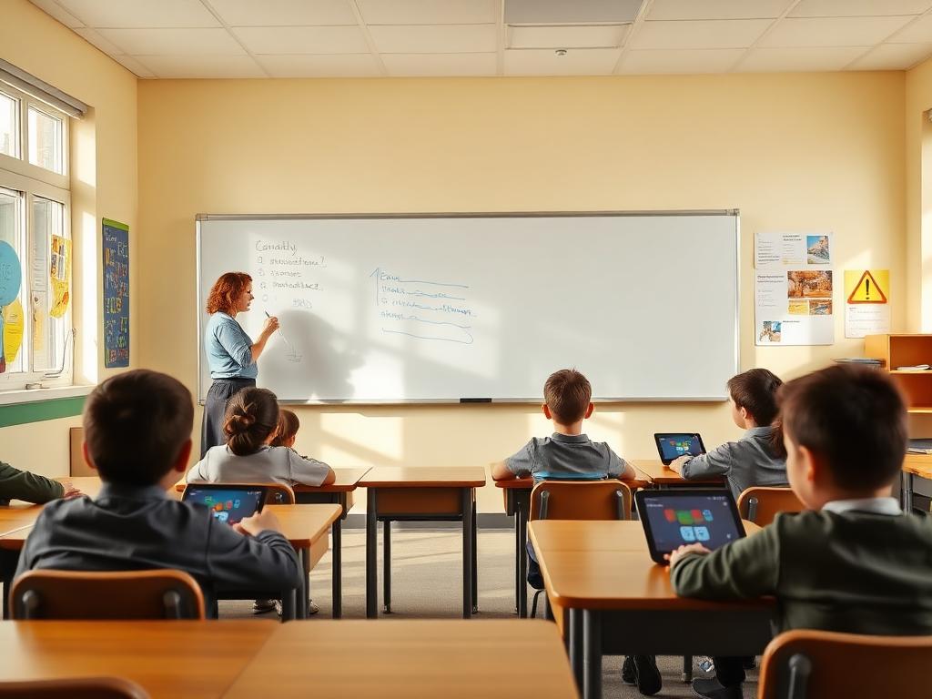 Pupils following a lesson on tablets while the teacher writes on the board